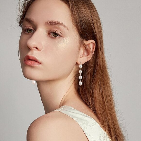 Silver Baroque Pearl Drop Dangle Long Tassel Wedding Bridal Earrings for Women - Picture 3 of 6